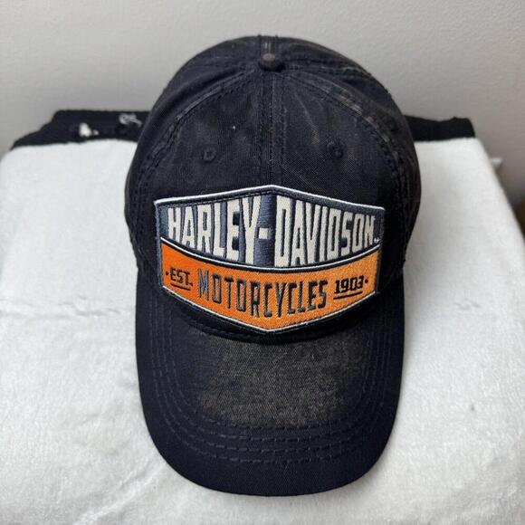 Harley-Davidson VTG Black Cap Embroidered Patch Big Logo Washed Biker Moto Y2K - Picture 1 of 12